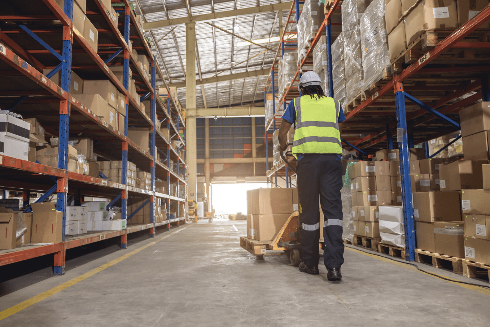 man in warehouse pushing boxes